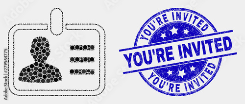 Dot person badge mosaic icon and You'Re Invited stamp. Blue vector round scratched seal with You'Re Invited message. Vector combination in flat style.