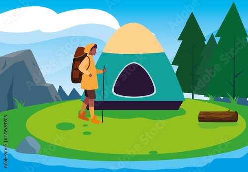 man with tent camping hiking
