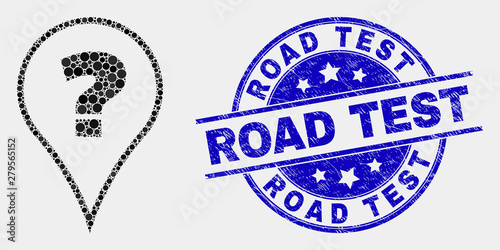 Dot question mosaic icon and Road Test seal. Blue vector round scratched seal stamp with Road Test message. Vector collage in flat style. Black isolated question mosaic of scattered circles,