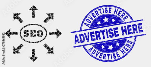 Pixel seo distribution arrows mosaic icon and Advertise Here stamp. Blue vector round distress watermark with Advertise Here text. Vector composition in flat style.