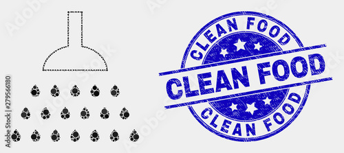 Dot shower mosaic pictogram and Clean Food seal. Blue vector rounded textured seal stamp with Clean Food text. Vector composition in flat style. Black isolated shower illustration of randomized dots,