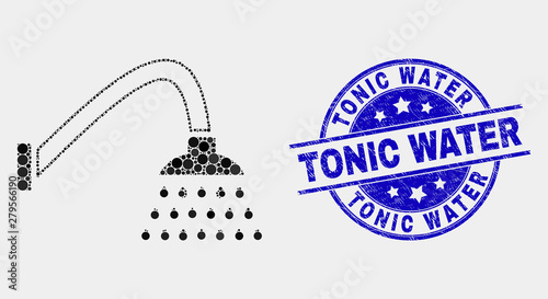 Dot shower mosaic icon and Tonic Water seal stamp. Blue vector round grunge seal stamp with Tonic Water phrase. Vector combination in flat style. Black isolated shower mosaic of randomized spheres,