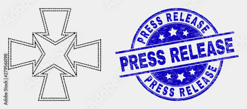 Dot shrink arrows mosaic icon and Press Release seal stamp. Blue vector round distress stamp with Press Release text. Vector combination in flat style.