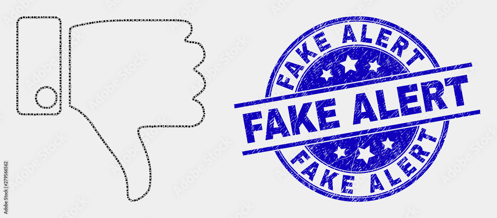 Pixelated thumb down mosaic pictogram and Fake Alert seal. Blue vector rounded scratched stamp with Fake Alert message. Vector combination in flat style.