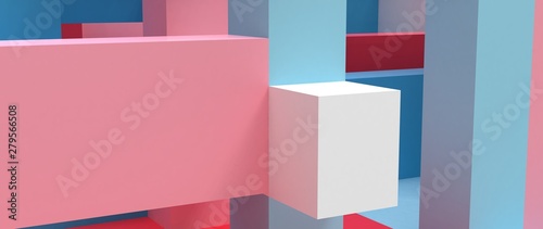 Diseño abstracto de formas geométricas simple con colores llamativos y combinaciones. Fondo tridimensional de materiales plásticos y sombras arrojadas. Recurso para presentación de producto.