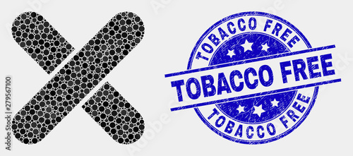 Pixelated x-cross mosaic pictogram and Tobacco Free stamp. Blue vector rounded distress seal stamp with Tobacco Free text. Vector combination in flat style.