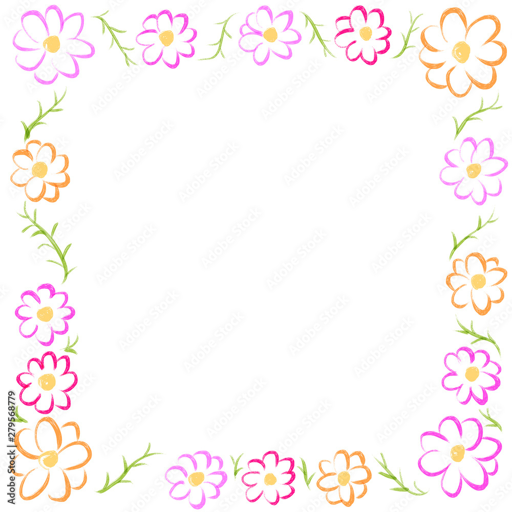 コスモスの花の手描きの正方形のフレーム