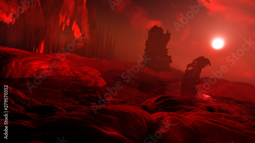 rendering of dark and scary hell environment with spooky landscape and fiery atmosphere