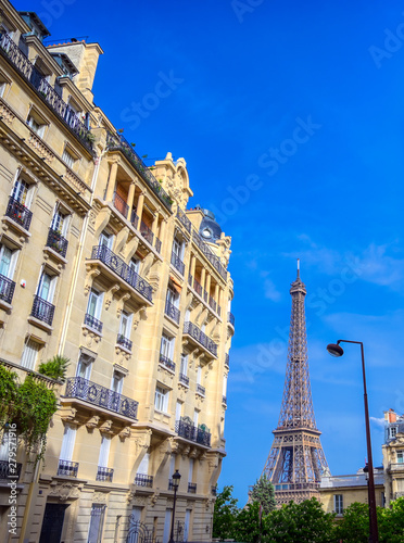 A view of the Eiffel Tower from the streets of Paris  France.