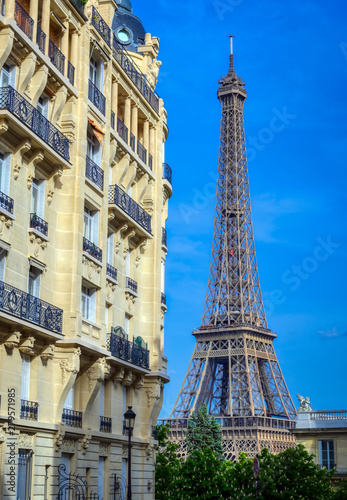 A view of the Eiffel Tower from the streets of Paris, France.