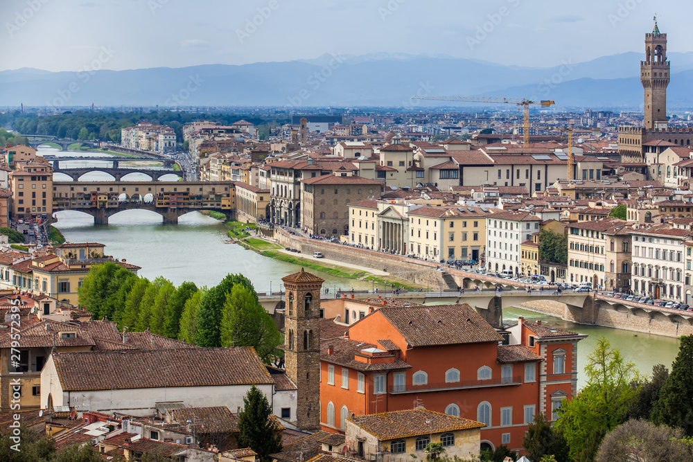 View of Ponte Vecchio and the beautiful city of Florence from Michelangelo Square