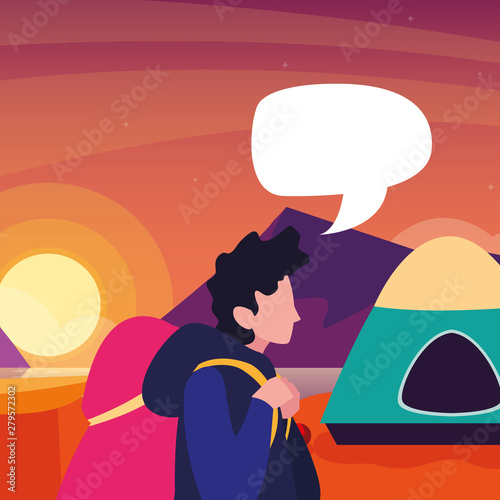 man camp tent landscape talk bubble