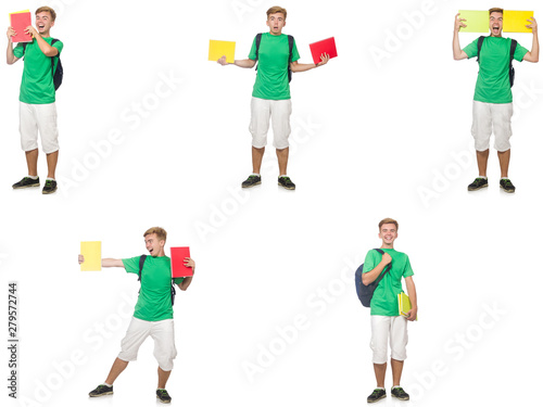 Young student with backpack and notes isolated on white