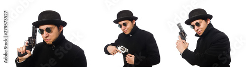 Young man with gun isolated on white