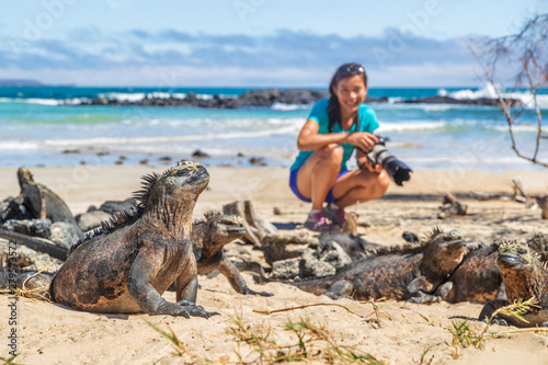 Obraz na płótnie Ecotourism tourist photographer taking wildlife photos on Galapagos Islands of famous marine iguanas