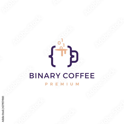 code binary coffee cafe mug glass logo vector icon illustration