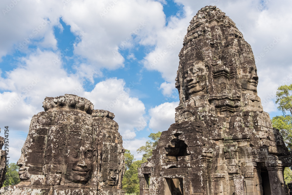The mystery face tower in Bayon temple the state temple of the Mahayana Buddhist King Jayavarman VII in Siem Reap, Cambodia. 