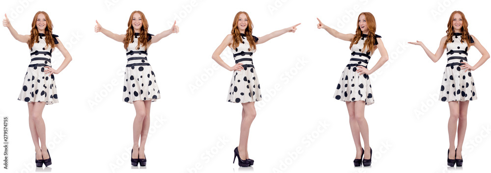 Young woman in polka dot dress isolated on white