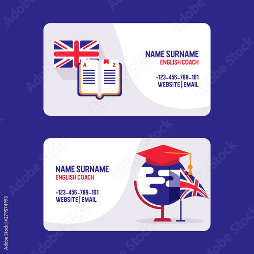 Learn English teachers vector visiting card. Educational course of foreign language. Used for studying, english lessons, coach, training. Great Britains flag, hat and dictionary icons.