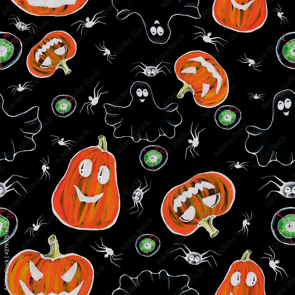 Happy Halloween pattern. Hand drawn, halloween background, pumpkins, ghosts, eyeballs, spiders. Design for halloween party, gift paper, wallpaper, covering design.
