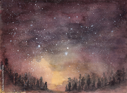 Starry sky. Forest in the fog. The hills. Hand-drawn, watercolor. Background.