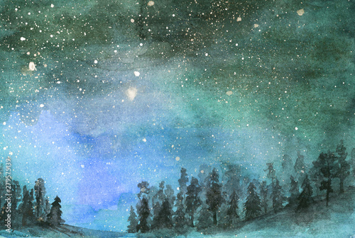Forest in the fog. The hills. Starry sky. Turquoise, blue sky. Hand-drawn, watercolor background.
