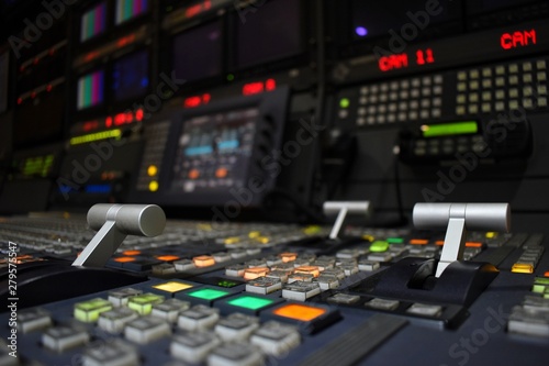 Broadcast equipment in outside broadcasting van.