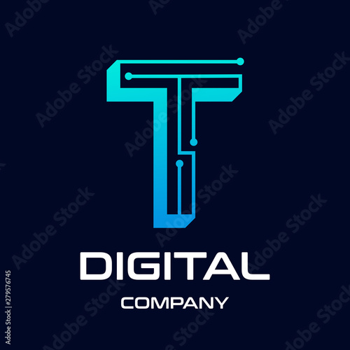 The T letter 3 dimensions or 3D with dot and technology symbol on dark blue background in the style of modern. This logo is suitable for industrial, mechanical, connection, business and automotive.