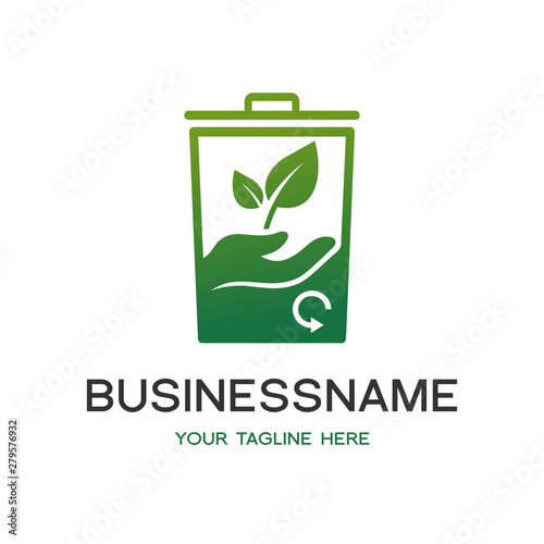 Vector logo with leaf and trash can symbol. Design with circle arrow. Green color with gradient and modern, pictogram. This logo is suitable for nature, environment, eco and natural business