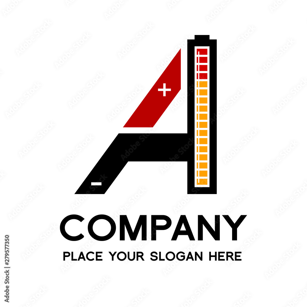 Letter A battery vector logo template. Alphabet graphic with current positive and negative symbol. Black, red and yellow color. This logo is suitable for electric, technology, power and energy supply.