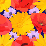 bright floral seamless pattern of big yellow flowers and red poppies, and delicate lilac daisies on blue background