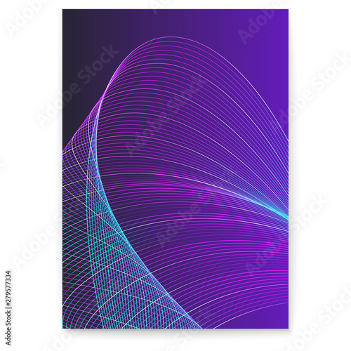 Digital poster with twisted colored lines, mixed color. Dynamic flowing waves on dark background. Abstract wavy spun stripes. Graphics concept of flow, music, technology. Vector design elements