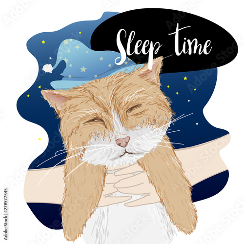 Freehand style cartoon. Hand holding lazy cat with cute sleeping hat. Good night. Sweet dreams.
