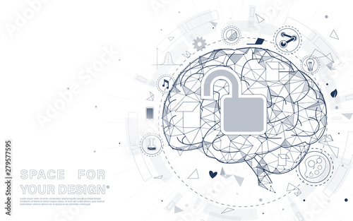 Unlock creativity brain form lines, triangles and particle style design. Illustration vector