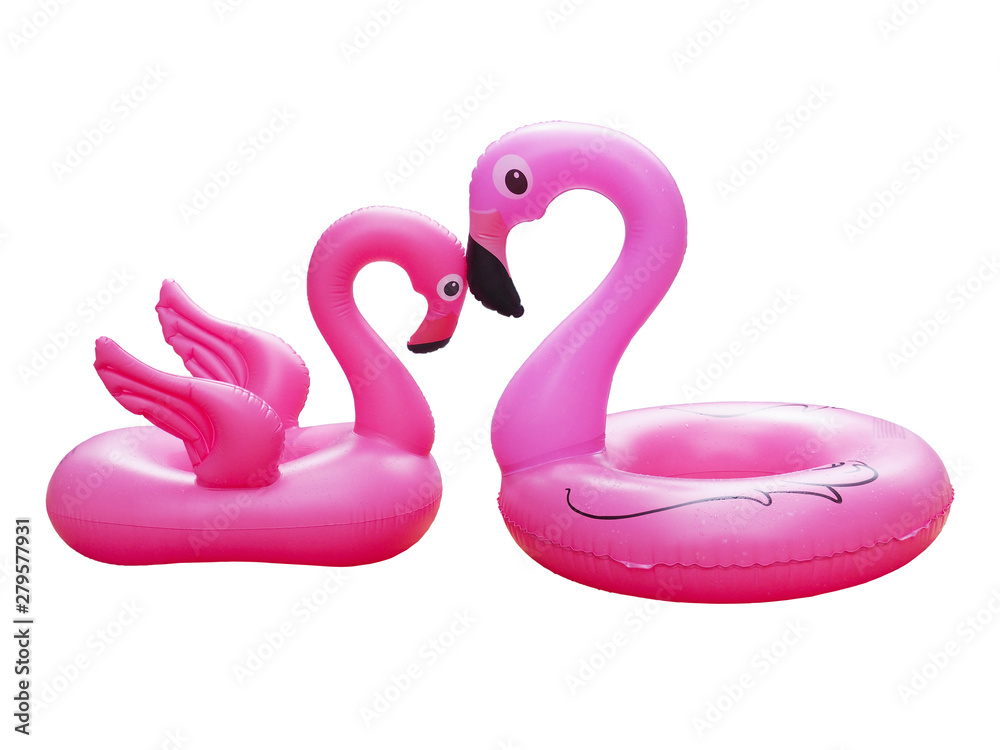 Two pink flamingo family for swimming pool isolated on white background. Two pink flamingo family for swimming pool isolated on white background.