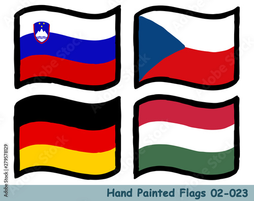 手描きの旗アイコン,スロベニアの国旗,チェコの国旗,ドイツの国旗,ハンガリーの国旗 Flag of the Slovenia, Czech Republic, Germany, Hungary, hand drawn isolated vector icon.