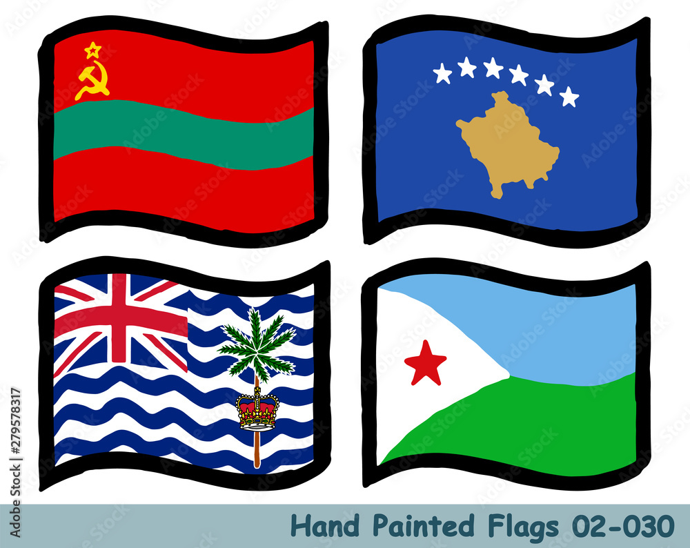 手描きの旗アイコン 沿ドニエストルの国旗 コソボの国旗 イギリス領インド洋地域の旗 ジブチの国旗 Flag Of The Pridnestrovian Moldavian Republic Kosovo British Indian Ocean Territory Djibouti Hand Drawn Isolated Vector Icon Stock Vector Adobe Stock