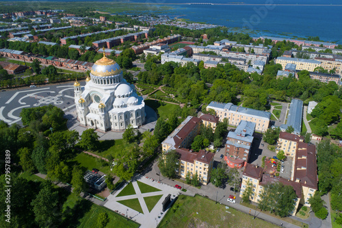 Cityscape with old St. Nicholas Naval Cathedral on a sunny June day (aerial photography). Kronstadt, Russia