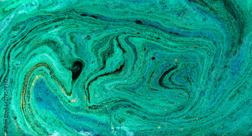 Blue, green and gold marbling pattern. Golden powder marble liquid texture.