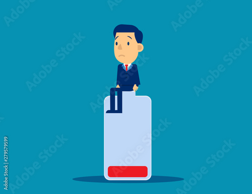 Cute person tired sitting of low battery symbol. Concept business low power vector illustration, Flat cartoon character style design.