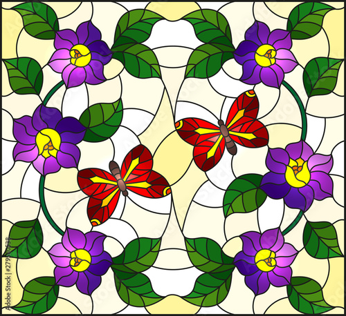 Illustration in stained glass style with abstract curly purple flower and a red butterfly on yellow background