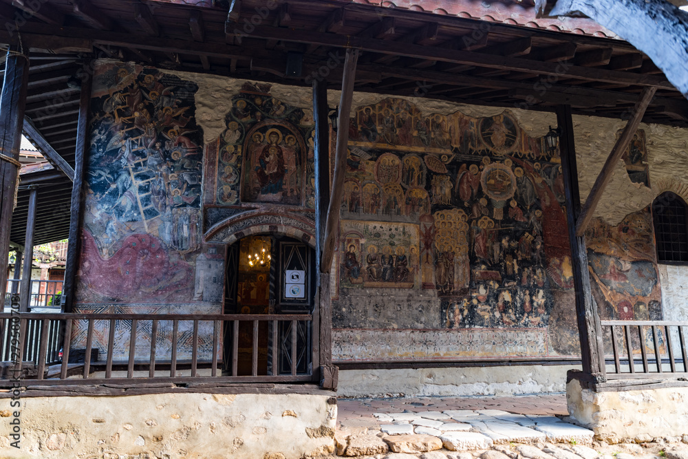 Fresco on church wall in courtyard of The Medieval Orthodox Monastery of Rozhen, near Melnik, Bulgaria Fresco on church wall in courtyard of The Medieval Orthodox Monastery of Rozhen, near Melnik, Bulgaria