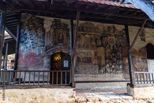 Fresco on church wall in courtyard of The Medieval Orthodox Monastery of Rozhen, near Melnik, Bulgaria