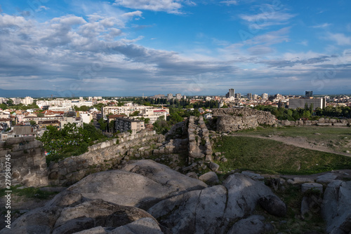 Part of ancient fortress wall on top of the Nebet tepe Hill in Plovdiv city,.Bulgaria. Panoramic view .