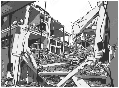 Canvas Print Illustration of collapsed building due to earthquake, natural disaster, explosio