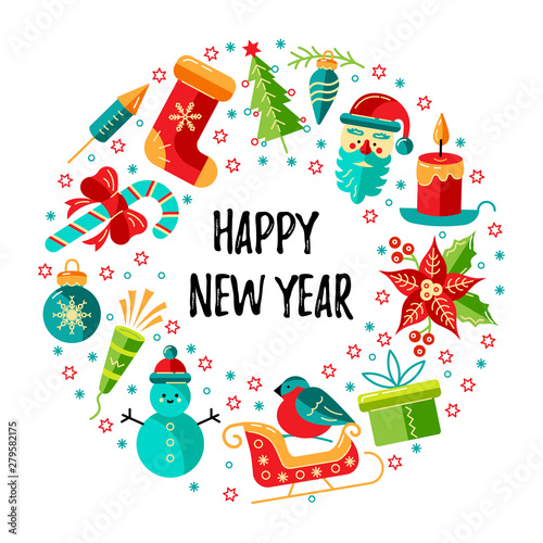 Merry Christmas and Happy New Year card vector illustration. Place for text. Great for New Year party invitation, christmas fair, flyer, banner, poster. Flat and line style design. Circle concept.