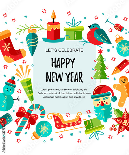 Merry Christmas and Happy New Year card vector illustration. Place for text. Great for New Year party invitation, christmas fair, flyer, banner, poster. Flat and line style design.