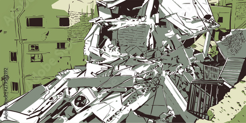 Illustration of collapsed building due to earthquake, natural disaster, explosion, fire 