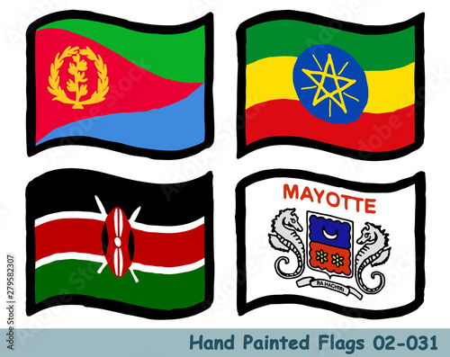 手描きの旗アイコン,エリトリアの国旗,エチオピアの国旗,ケニアの国旗,マヨットの旗　Flag of the Eritrea, Ethiopia, Kenya, Mayotte, hand drawn isolated vector icon.