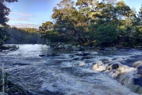 Raging rapids and waterfall cascadding through the forest